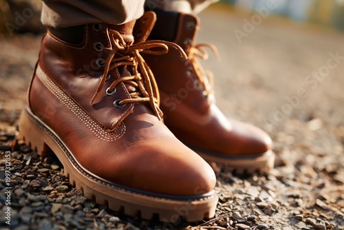 Person Stands on Gravel Wearing Brown Leather Boots on a Sunny Day in a Natur...