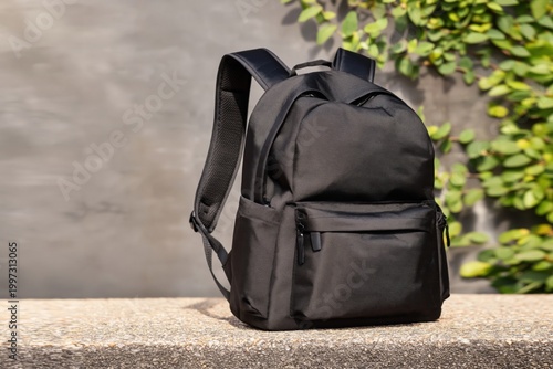 Black Backpack on a Stone Surface Near Green Plants in Daylight
