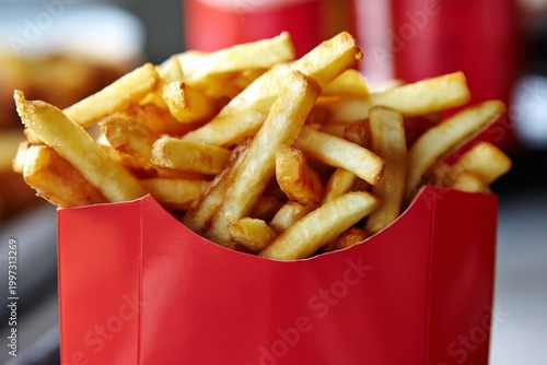 Enjoying Hot French Fries in a Red Container at a Restaurant During Lunch Time