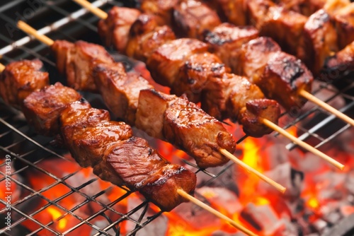 Grilling Skewers of Meat on a Barbecue During a Cookout in the Backyard in th...
