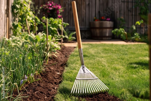 Garden Rake on Grass Near Plants in Backyard During Sunny Day