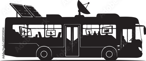 Eco friendly city bus, solar powered vehicle, sustainable transportation, black silhouette