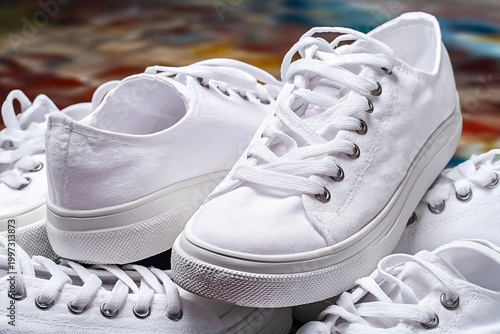 Sneakers in a Creative Arrangement on a Colorful Surface With Focus on White ...