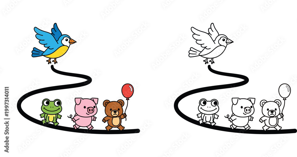 Fototapeta premium Cute Cartoon Animals Walking in a Line with a Bird Flying Above - Adorable Kids Illustration
