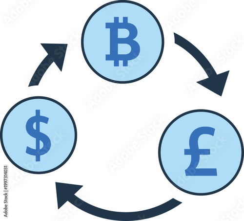 Cryptocurrency Exchange Icon Vector Illustration with Bitcoin Dollar and Pound Symbols in Circular Arrows for Digital Currency Trading and Finance Concept