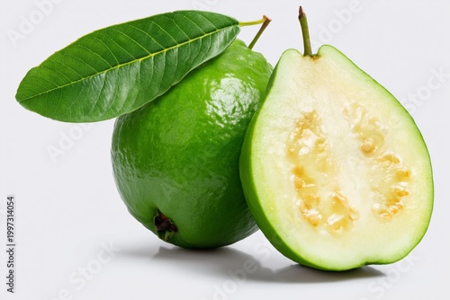 Green Guava and Sliced Fruit on White Background in Simple Setup for Food Pre...