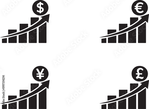 Bar graph growth icon with currency symbol showing financial progress and profit increase vector art