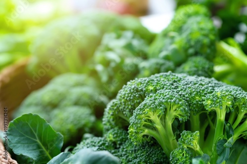Fresh Broccoli on Display at a Local Market During the Morning Hours in a Vib...