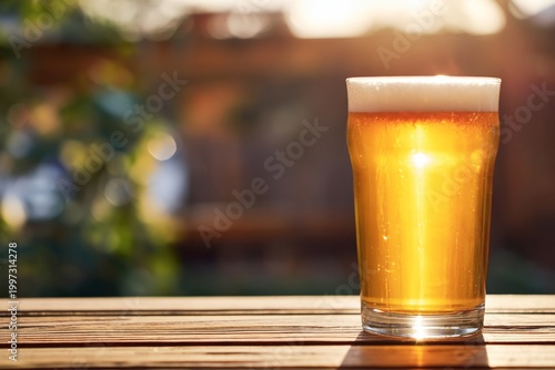 Warm Sunlight Shines on a Glass of Beer on a Wooden Table in a Garden During ...