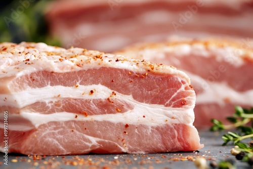 Fresh Pork Belly Cuts Ready for Cooking in a Kitchen Setting With Herbs on To...