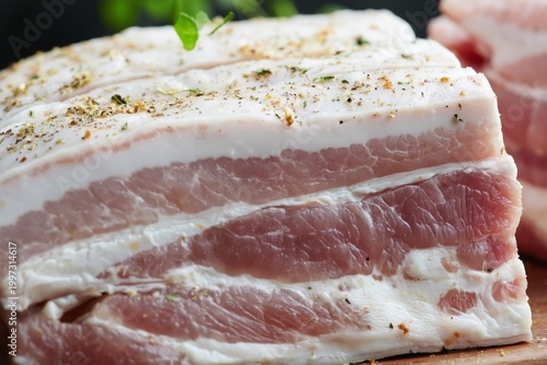 Fresh Pork Belly Cuts Ready for Cooking in a Kitchen Setting With Herbs on To...