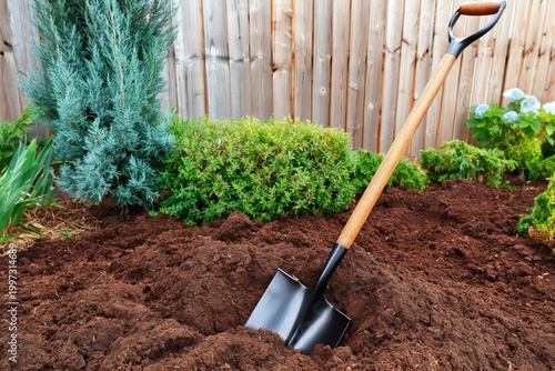 Gardener Digs in Soil With Shovel in Backyard Garden During Sunny Day