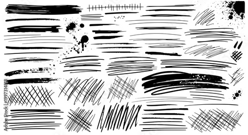 Brush strokes hand drawn set with black lines, grunge texture, and splatters, various artistic illustrations.