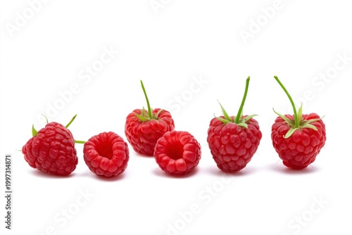 Fresh Raspberries Arranged in a Line on a White Background Showing Different ...