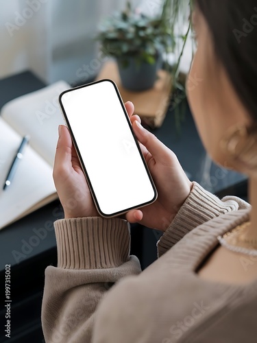 Mockup a phone with a white screen in female hands