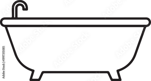 Outline illustration of a classic claw-foot bathtub with a faucet black and white bathroom illustration plumbing interior isolated sanitary cleaning container restroom washroom