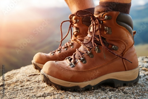 Hiking Boots on a Rocky Ledge During Sunset in the Mountains
