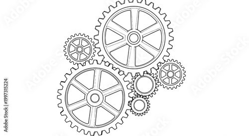 Gears set with interlocking cogs and mechanical wheels in black line art featuring illustration, industrial, machinery with engineering and