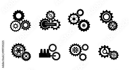 Gears icon set with black cogwheel mechanisms and industrial symbols, representing machinery and engineering concepts.