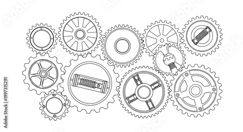 Gears mechanical set with interlocking cogs and wheels, detailed line art featuring illustration, machinery, engineering with industrial and