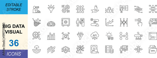 Data visualization line icon set with clean stroke, minimal outline style. Includes analytics, dashboard, chart, report and monitoring concepts. Professional editable vector icons for UI use.