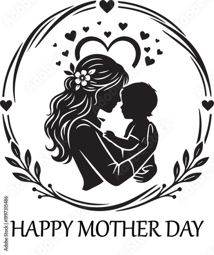 Black and white silhouette of woman holding child inside circular decorative frame with hearts symbolizing maternal love Mother Day