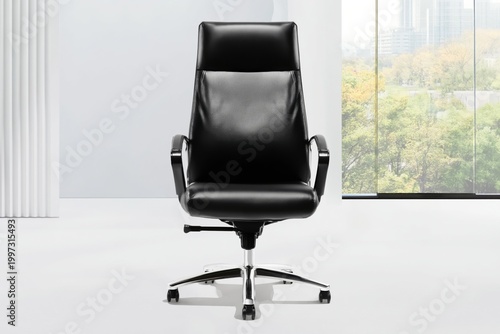 Black Office Chair in Modern Workspace With Large Windows and City View