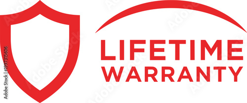 Lifetime Warranty Badge with Shield Icon and Bold Red Typography for Product Guarantee, Quality Assurance, Protection Label, and Marketing Design