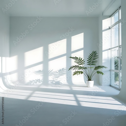 Abstract white color studio background for product presentation. Empty room with shadows of window and plant leaves . 3d grey room with copy space. Summer concept. Blurred backdrop.