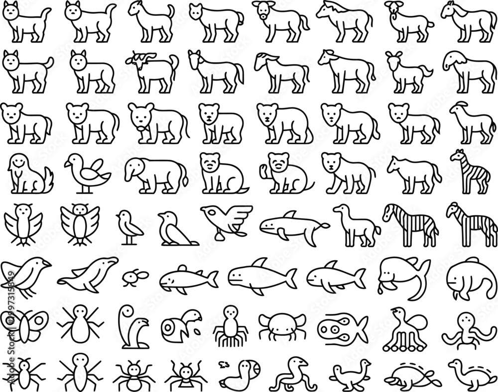 Obraz premium Collection of Simple Animal Icons in Outline Vector Illustration Style