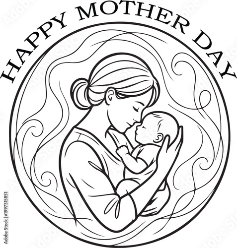 Elegant line art mother holding baby in tender embrace with circular decorative swirls symbolizing maternal love Mother Day