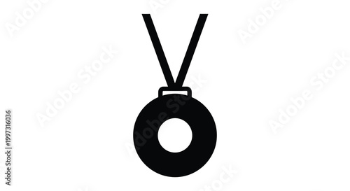A black silhouette of a medal hanging from a ribbon minimalist design silhouette
