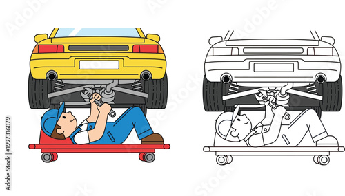 Mechanic Working Under Car with Wrench for Auto Repair and Maintenance Illustration Set with Coloring Page Vector