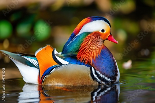 Colorful Mandarin Duck Swimming in a Pond During Daytime in a Natural Setting