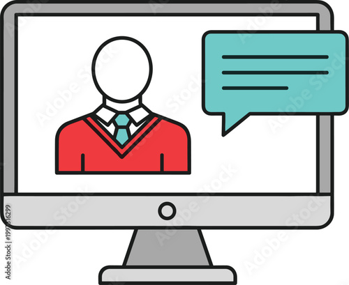 Online Communication Icon with Person on Computer Screen and Chat Bubble for Video Call, Remote Work, Digital Meeting, and Virtual Support Design