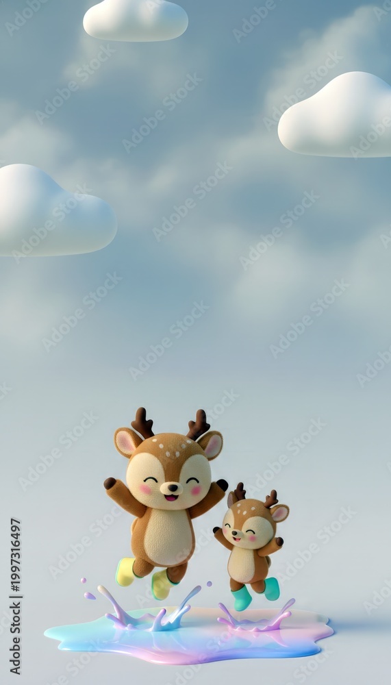 Fototapeta premium Cute deer jumping in puddle with boots