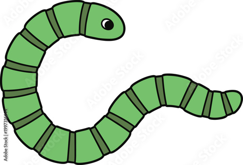 Green Worm Cartoon Illustration with Segmented Body and Cute Expression for Nature, Insect Education, Kids Design, and Animal Character Graphics