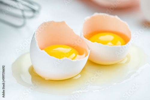Eggs With Yolks Sitting in Broken Shells on a Kitchen Counter Near a Whisk