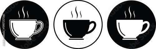 Coffee Cup Icon Set with Hot Drink Symbols in Outline and Solid Style for Cafe, Beverage Branding, Morning Routine, and Food Service Design