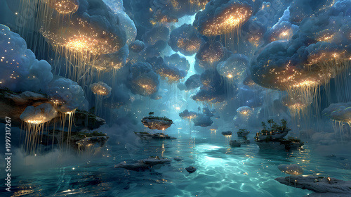 Surreal Water Dreamscape with Crystal Rivers Floating Islands and Moonlit Ocean