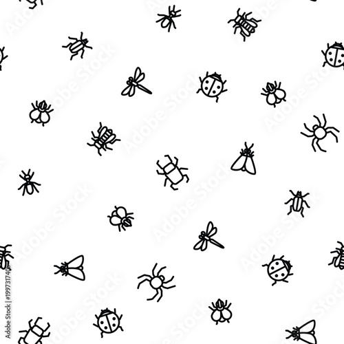 Insects vector seamless pattern showing various bugs, beetles, spiders, ladybug, dragonfly, bugs and other insects crawling in a seamless design, perfect for nature and entomology themes