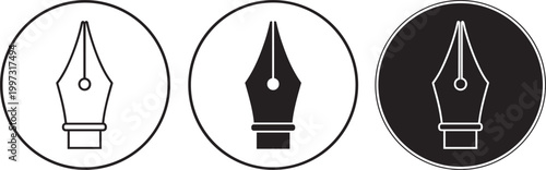 Fountain Pen Nib Icon Set in Outline and Solid Style for Writing, Calligraphy, Signature Design, and Office Stationery Graphic Elements