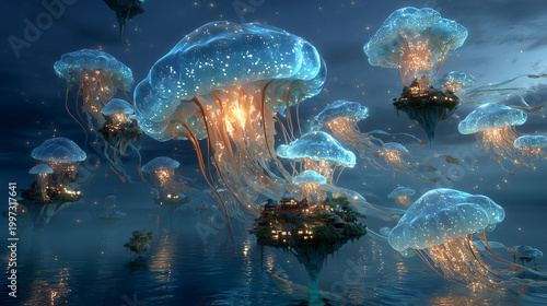 Surreal Water Dreamscape with Crystal Rivers Floating Islands and Moonlit Ocean