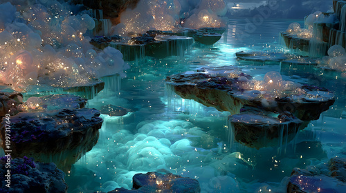 Surreal Water Dreamscape with Crystal Rivers Floating Islands and Moonlit Ocean