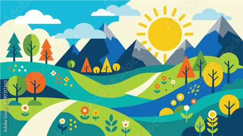 Bright and colorful landscape illustration featuring mountains, sun, trees, and a winding path through a vibrant natural scenery.