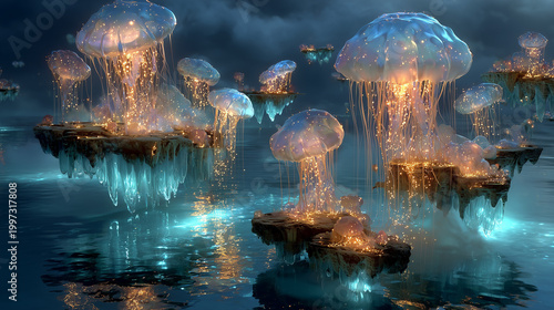 Surreal Water Dreamscape with Crystal Rivers Floating Islands and Moonlit Ocean
