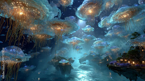 Surreal Water Dreamscape with Crystal Rivers Floating Islands and Moonlit Ocean