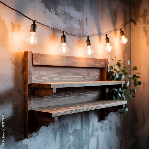 Empty brown wood plank board shelf at grunge concrete wall with light bulb string party background,Mock up for display or montage of product or design