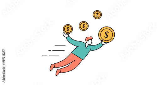 Man in mid-air catching golden coins with dollar signs catching investment opportunity currency business financial