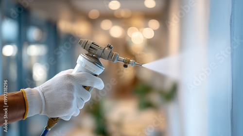 Faceless hands in white painter's gloves using a modern airless sprayer to apply a smooth satin finish to a drywall, representing high-end interior renovation, fine paint mist, bri